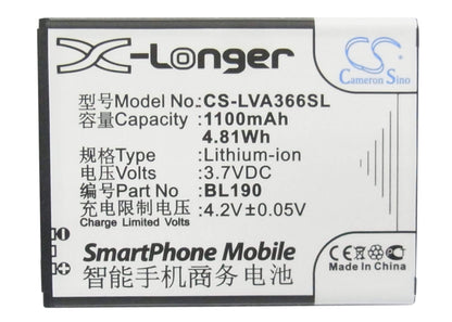 3.7V, 1100mAh, Li-ion Battery fits Lenovo, A366t, 4.07Wh