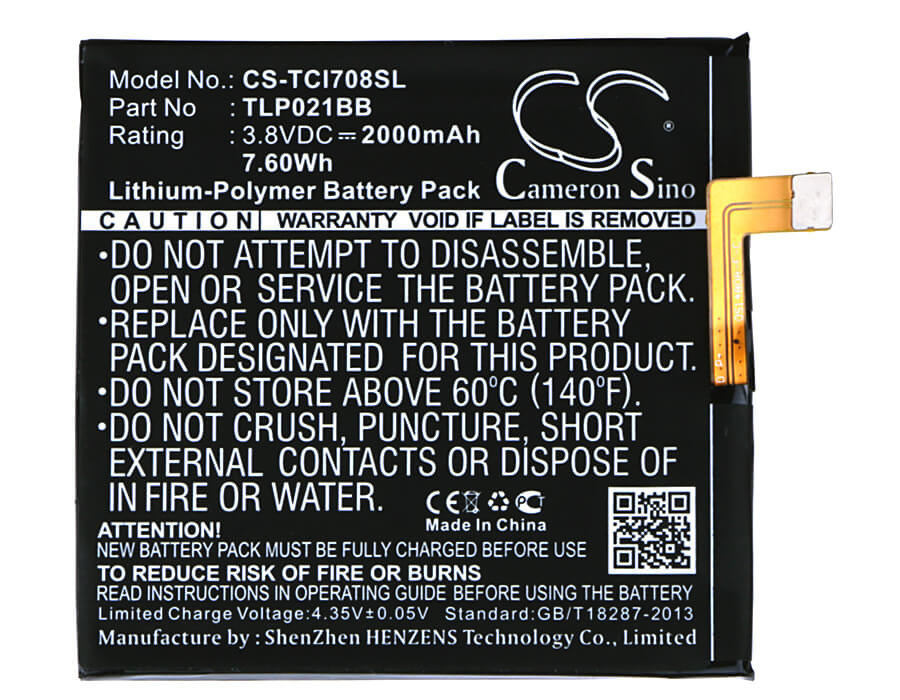 3.8V, 2000mAh, Li-Polymer Battery fits Tcl, I708u, I709m, 7.6Wh
