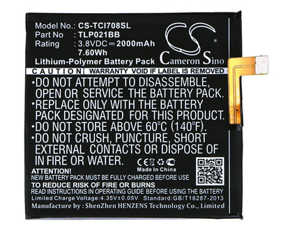 3.8V, 2000mAh, Li-Polymer Battery fits Tcl, I708u, I709m, 7.6Wh