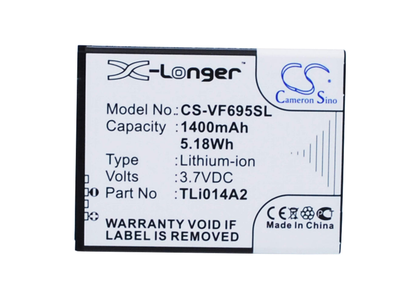 3.7V, 1400mAh, Li-ion Battery fits Vodafone, 785 Tipo, Smart 4 Mini, 5.18Wh