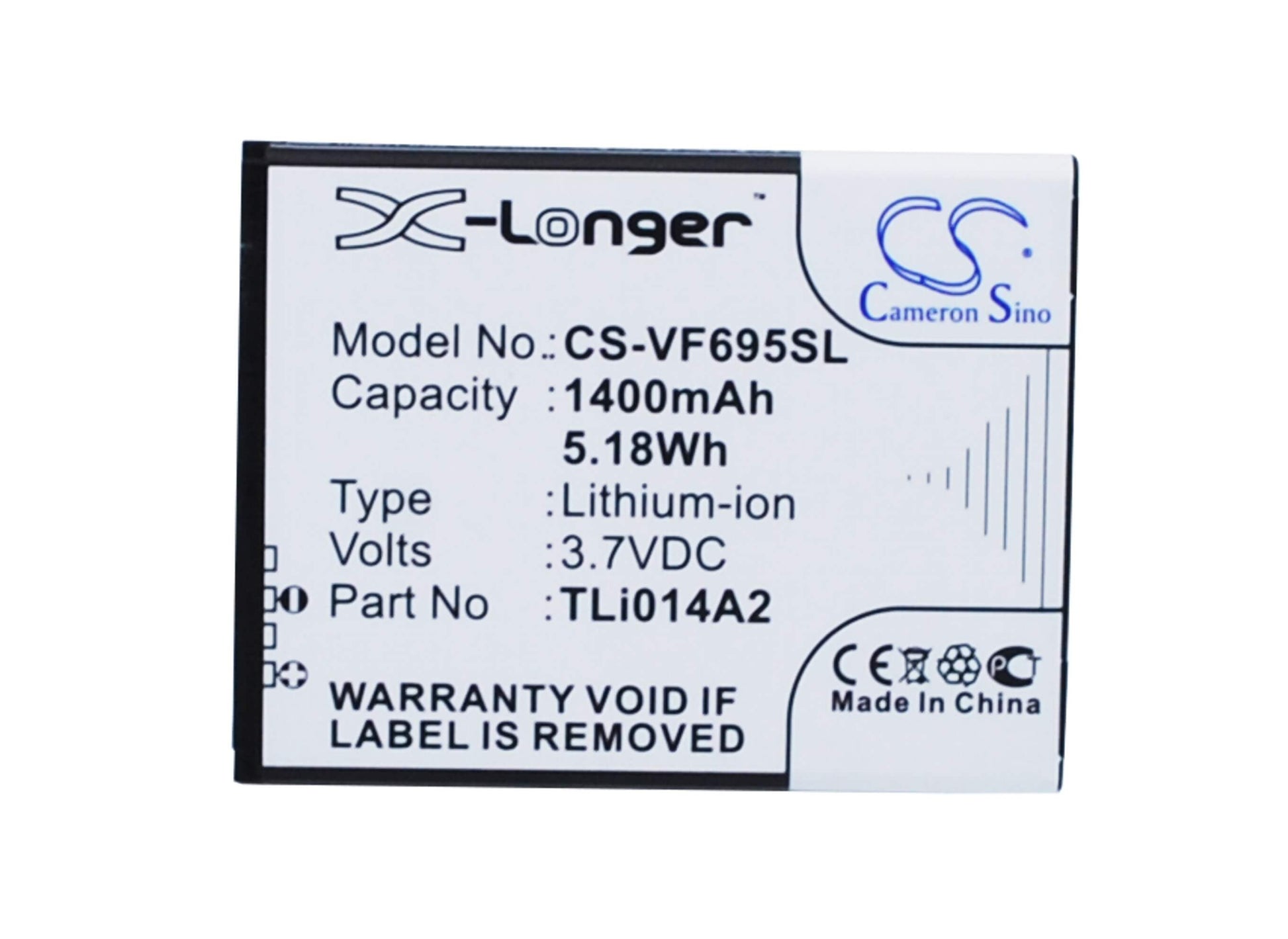 3.7V, 1400mAh, Li-ion Battery fits Vodafone, 785 Tipo, Smart 4 Mini, 5.18Wh