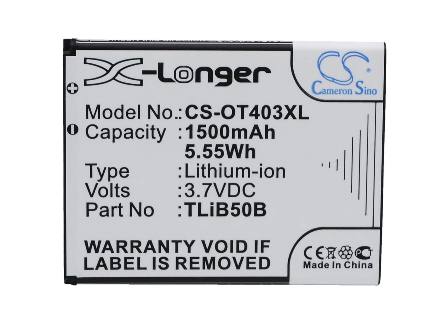 3.7V, 1500mAh, Li-ion Battery fits Alcatel, One Touch S Pop, One Touch S Pop Dual, 5.55Wh
