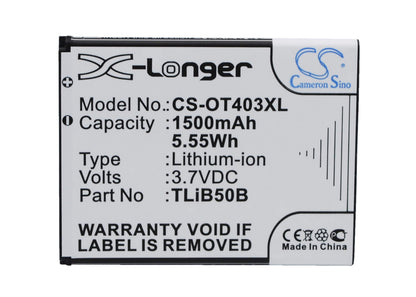 3.7V, 1500mAh, Li-ion Battery fits Alcatel, One Touch S Pop, One Touch S Pop Dual, 5.55Wh