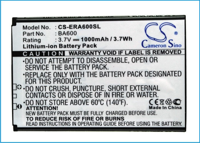 3.7V, 1000mAh, Li-ion Battery fits Sony Ericsson, Kumquat, St25, 3.7Wh