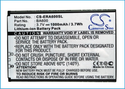 3.7V, 1000mAh, Li-ion Battery fits Sony Ericsson, Kumquat, St25, 3.7Wh