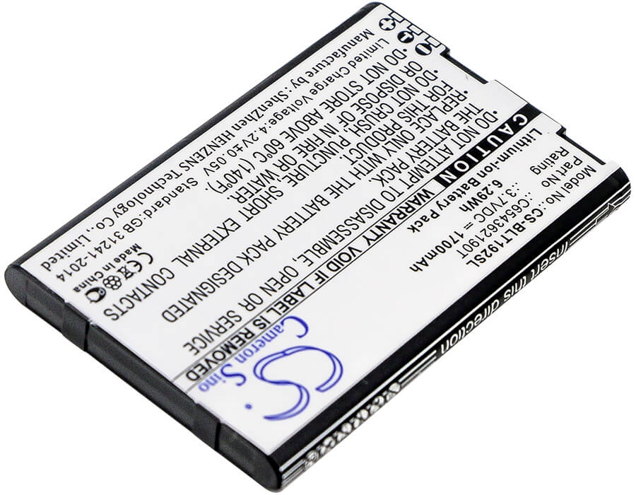 3.7V, 1700mAh, Li-ion Battery fits Blu, T192, Tank Li, 6.29Wh
