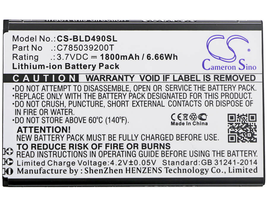 3.7V, 1800mAh, Li-ion Battery fits Blu, D090, D090l, 6.66Wh
