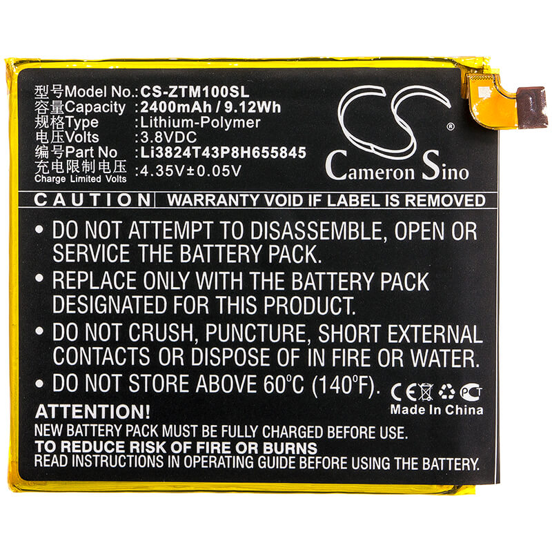 3.8V, 2400mAh, Li-Polymer Battery fits Zte, Mono Mo-01j, Mono Mo-01j Td-lte, 9.12Wh