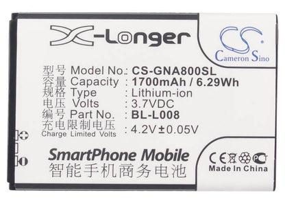3.7V, 1700mAh, Li-ion Battery fits Gionee, A800, 6.29Wh