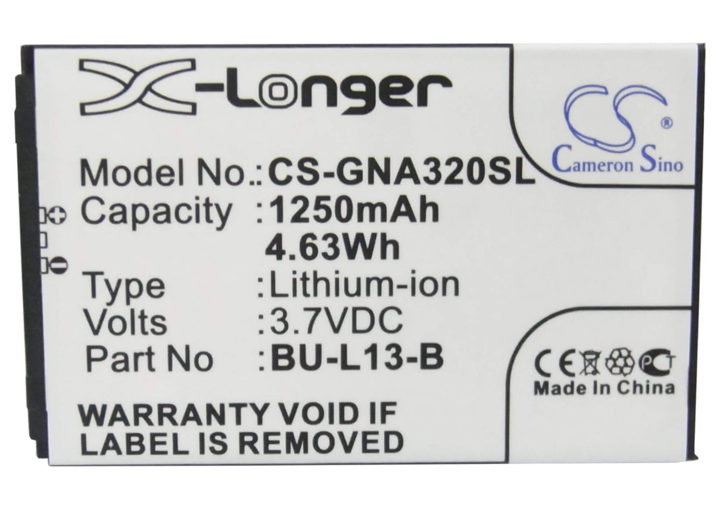 3.7V, 1250mAh, Li-ion Battery fits Gionee, A320, A350, 4.625Wh