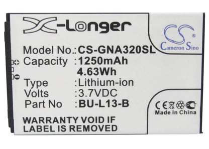3.7V, 1250mAh, Li-ion Battery fits Gionee, A320, A350, 4.625Wh