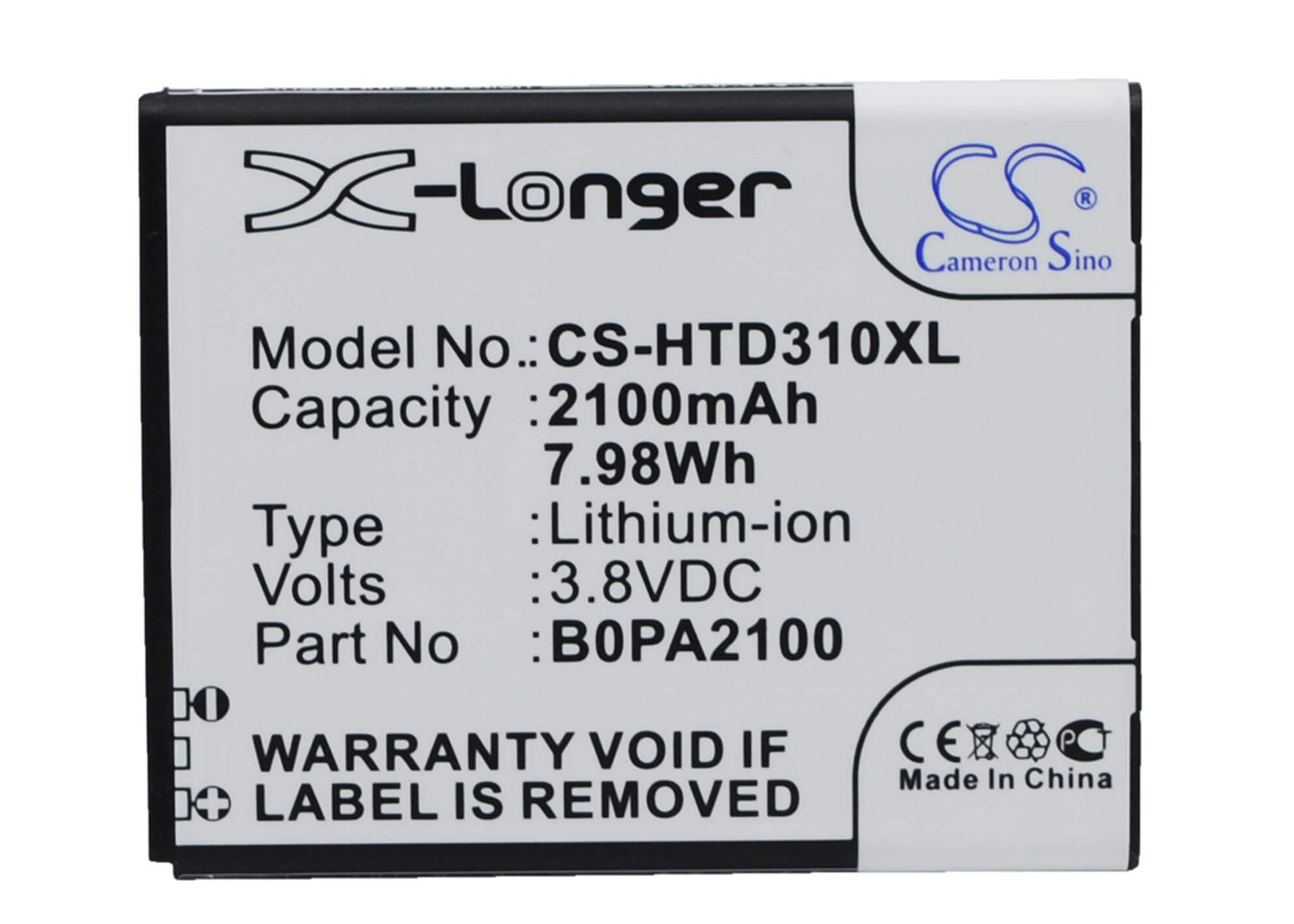 3.8V, 2100mAh, Li-ion Battery fits Htc, D310, D310w Dual Sim, 7.98Wh