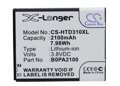 3.8V, 2100mAh, Li-ion Battery fits Htc, D310, D310w Dual Sim, 7.98Wh