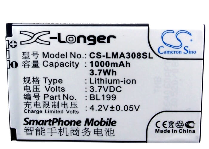 3.7V, 1000mAh, Li-ion Battery fits Lenovo, Ma308, Ma309, 3.7Wh