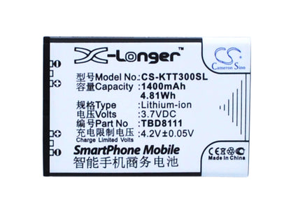 3.7V, 1400mAh, Li-ion Battery fits K-touch, D5800, E339, 5.18Wh