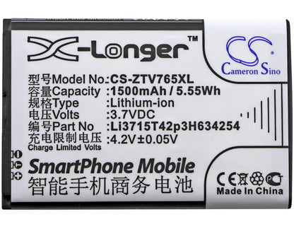 3.7V, 1500mAh, Li-ion Battery fits Zte, Blade G, Leo Q1, 5.55Wh