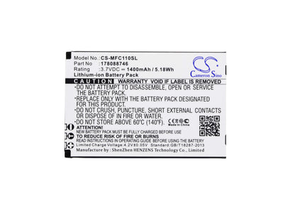 3.7V, 1400mAh, Li-ion Battery fits Mobiwire, Cygnus Mini, 5.18Wh