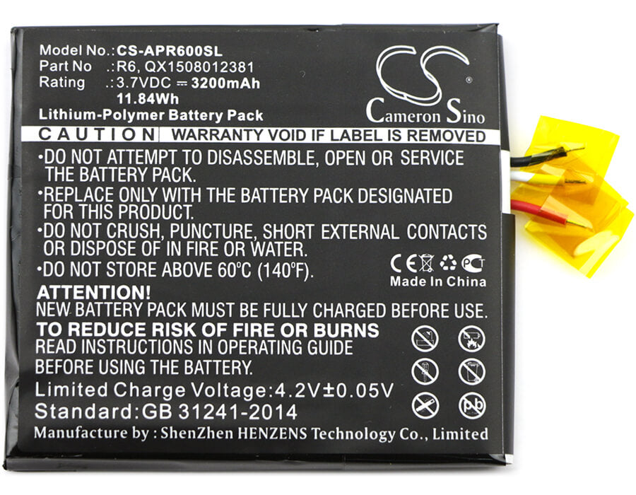 3.7V, 3200mAh, Li-Polymer Battery fits Aspera, R6, 11.84Wh