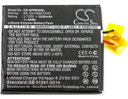 3.7V, 3200mAh, Li-Polymer Battery fits Aspera, R6, 11.84Wh