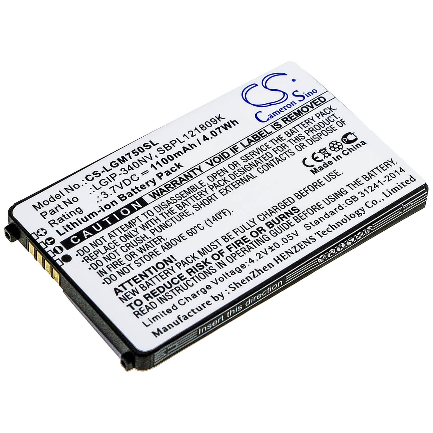 3.7V, 1100mAh, Li-ion Battery fits Lg, Eigen, Gm750, 4.07Wh