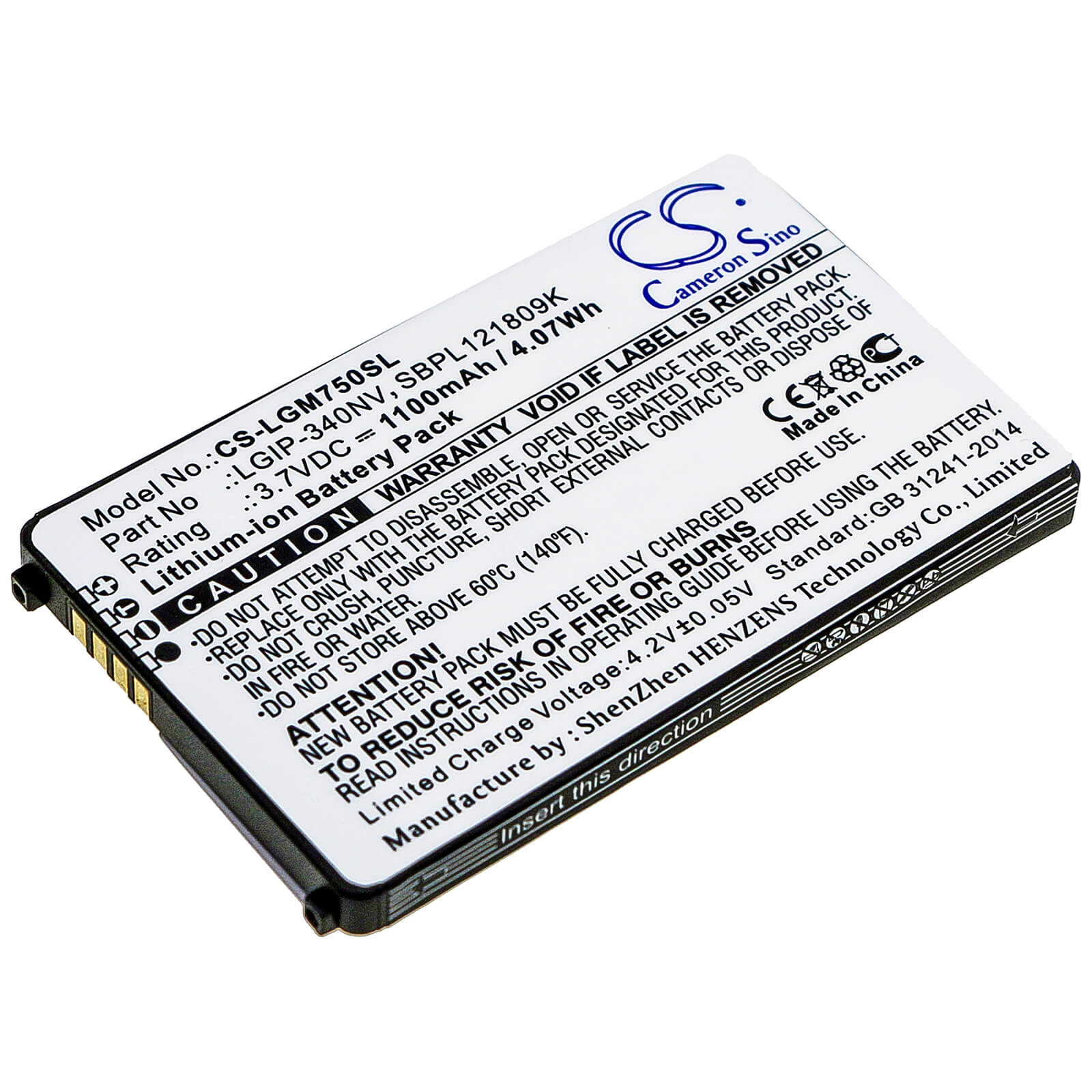 3.7V, 1100mAh, Li-ion Battery fits Lg, Eigen, Gm750, 4.07Wh