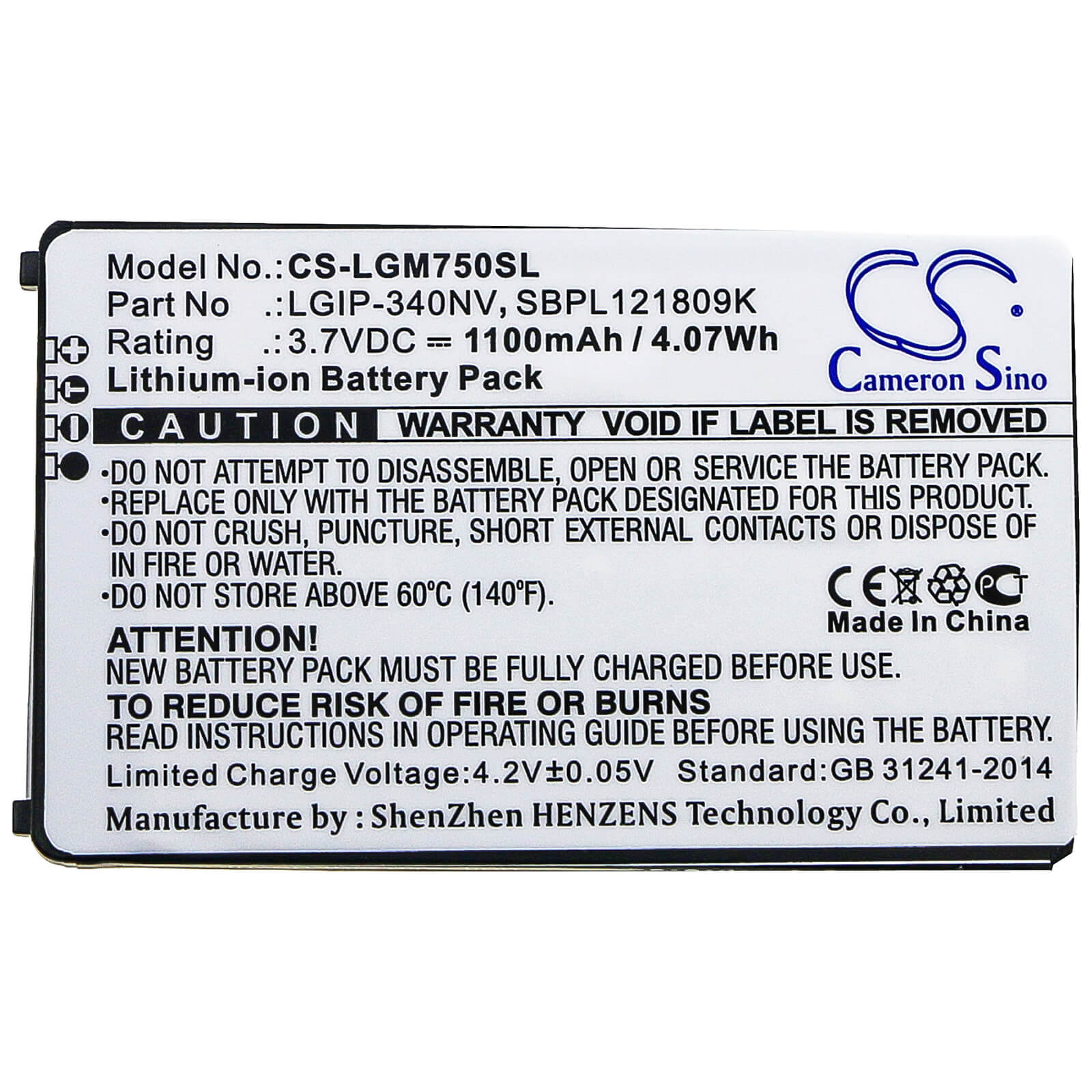 3.7V, 1100mAh, Li-ion Battery fits Lg, Eigen, Gm750, 4.07Wh