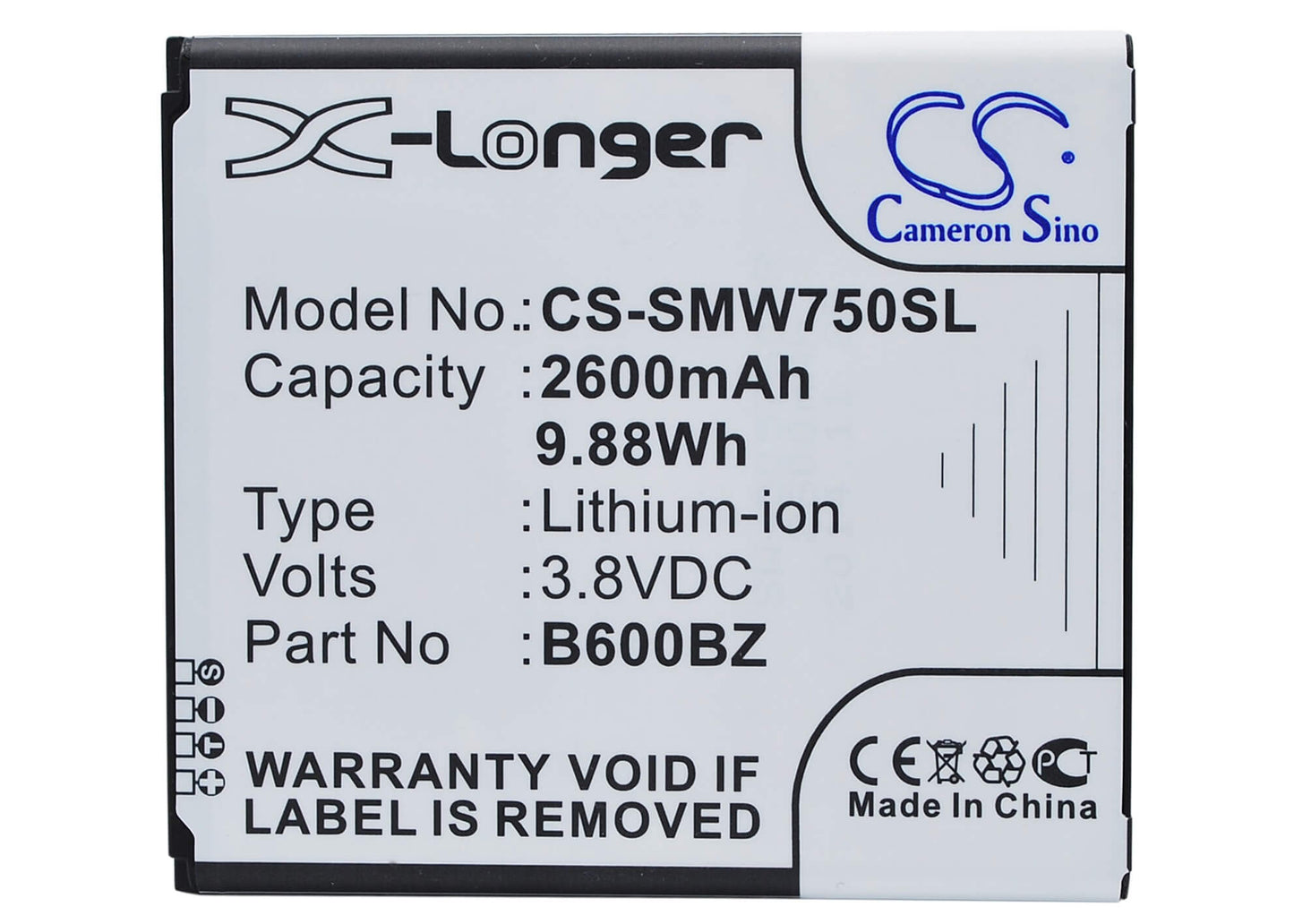 CS-SMW750SL, Mobile, Smartphone 3.8V, 2600mAh, Li-ion Battery fits Samsung, Ativ Se, Ativ Se Neo, 9.88Wh
