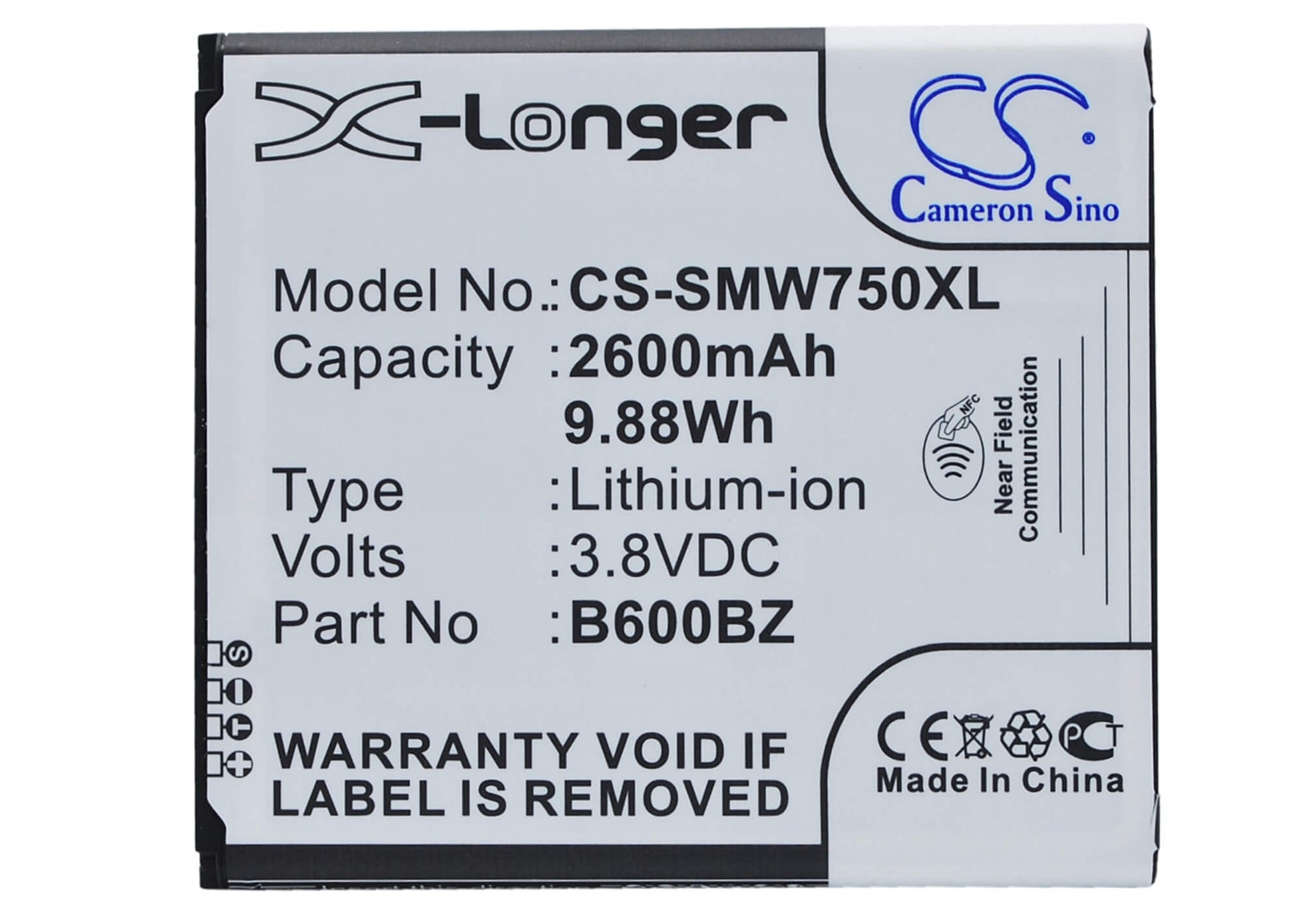 CS-SMW750XL, Mobile, Smartphone 3.8V, 2600mAh, Li-ion Battery fits Verizon, Sm-w750v, 9.88Wh