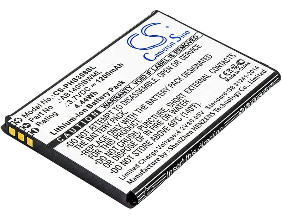3.7V, 1200mAh, Li-ion Battery fits Philips, Cts308, Xenium S308, 4.44Wh
