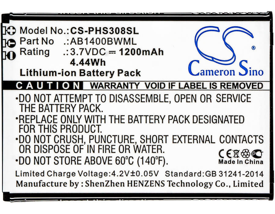 3.7V, 1200mAh, Li-ion Battery fits Philips, Cts308, Xenium S308, 4.44Wh