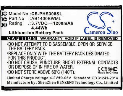 3.7V, 1200mAh, Li-ion Battery fits Philips, Cts308, Xenium S308, 4.44Wh