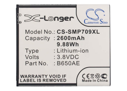3.8V, 2600mAh, Li-ion Battery fits Samsung, Galaxy Beam 2, Galaxy Mega 5.8, 9.88Wh