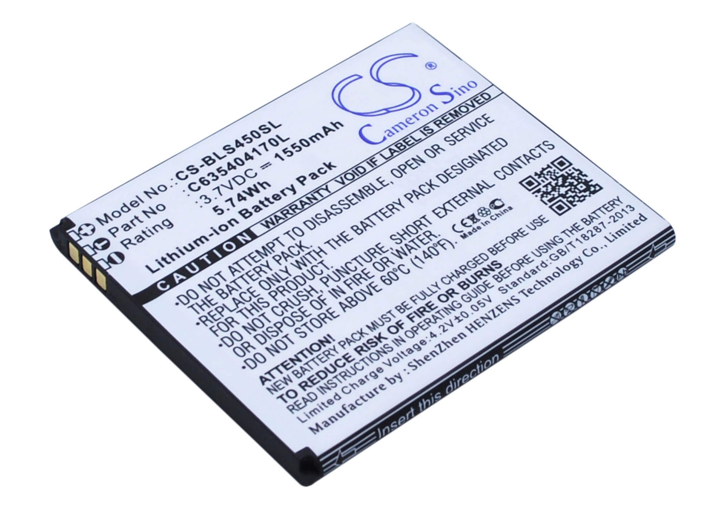 3.7V, 1550mAh, Li-ion Battery fits Blu, S450, Star 4.5, 5.735Wh
