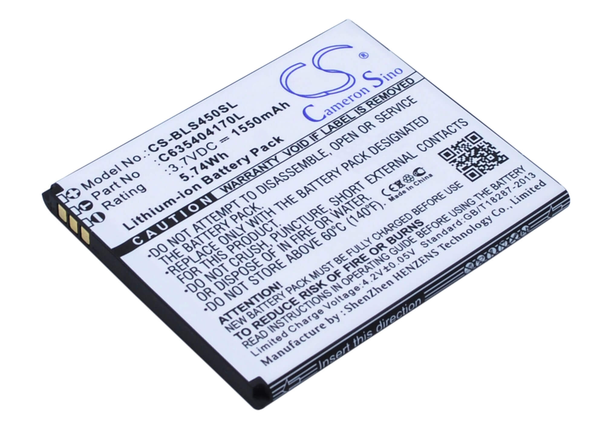 3.7V, 1550mAh, Li-ion Battery fits Blu, S450, Star 4.5, 5.735Wh