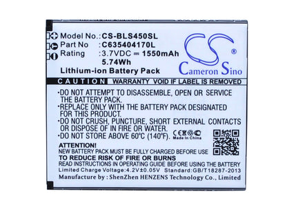 3.7V, 1550mAh, Li-ion Battery fits Blu, S450, Star 4.5, 5.735Wh