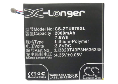 3.8V, 2000mAh, Li-Polymer Battery fits Zte, A75, Blade L2, 7.6Wh