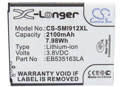 CS-SMI912XL, Mobile, Smartphone 3.8V, 2100mAh, Li-ion Battery fits Samsung, Galaxy Grand, Galaxy Grand Duos, 7.98Wh