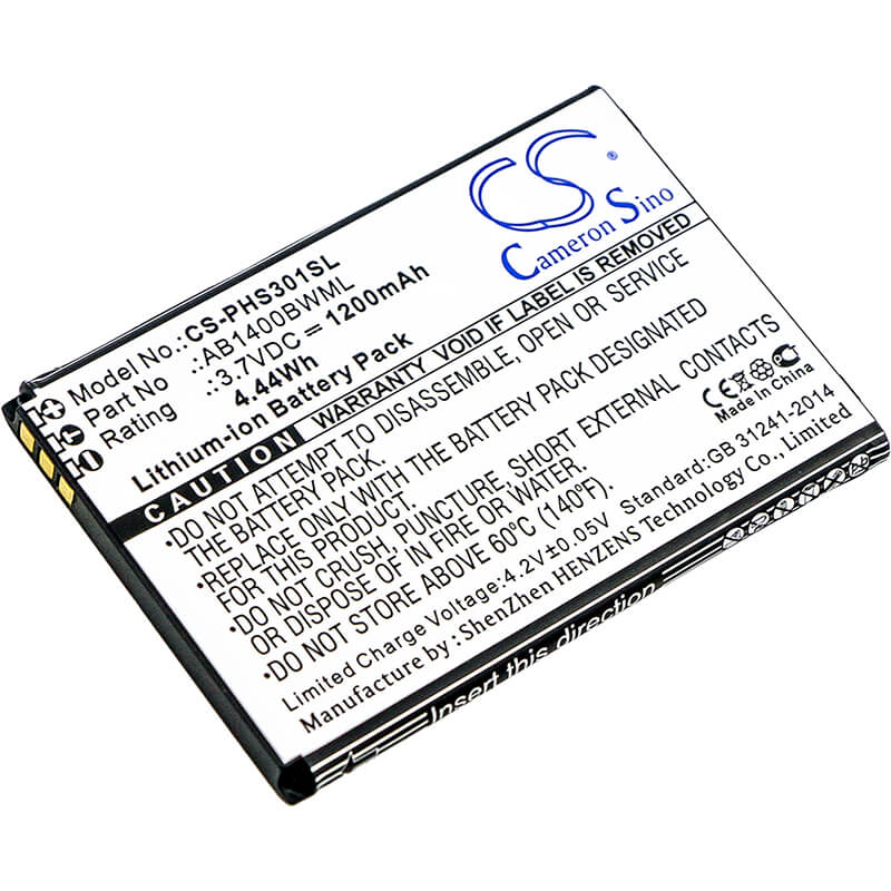 3.7V, 1200mAh, Li-ion Battery fits Philips, S301, S308, 4.44Wh