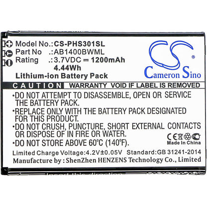 3.7V, 1200mAh, Li-ion Battery fits Philips, S301, S308, 4.44Wh