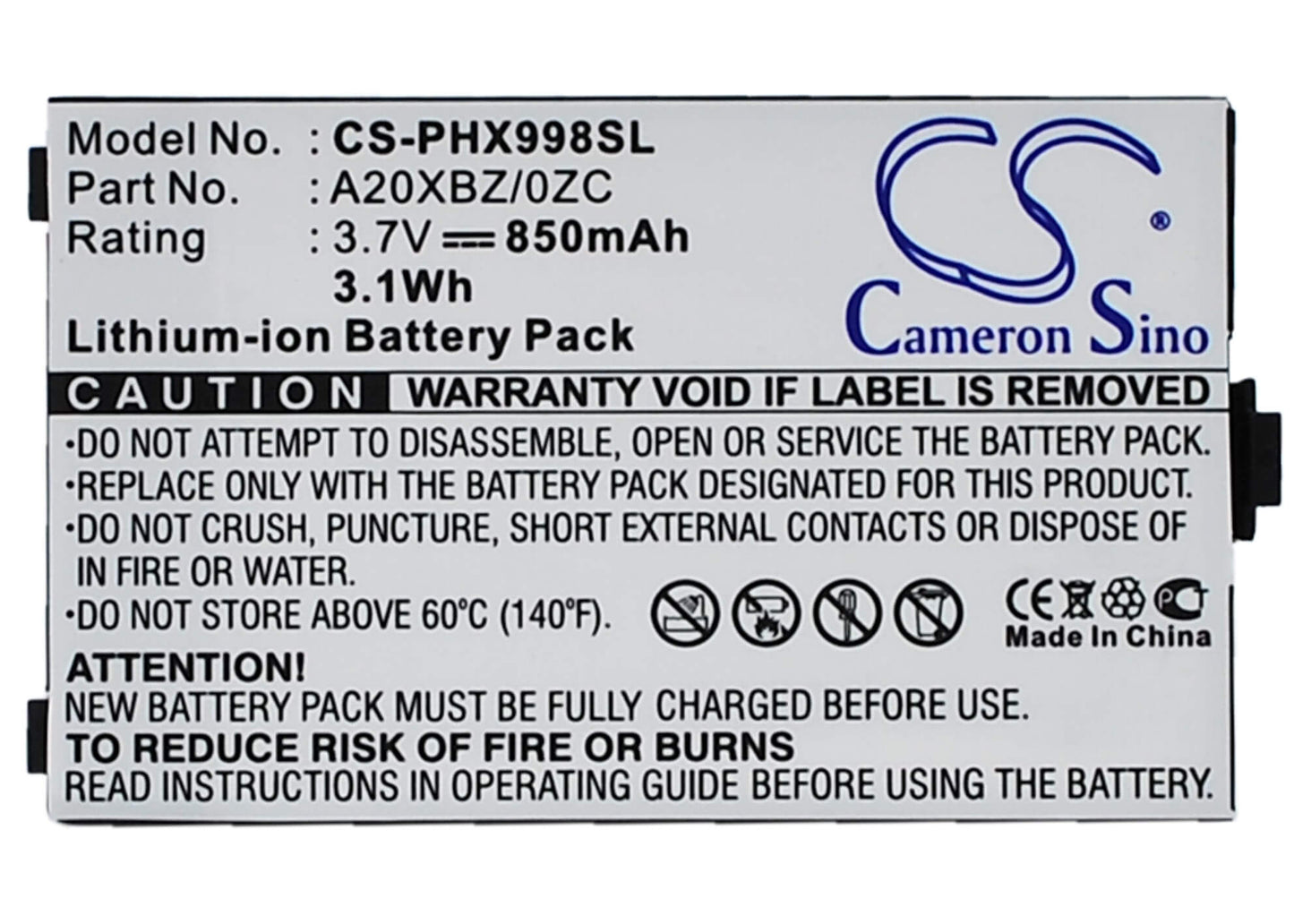 3.7V, 850mAh, Li-ion Battery fits Philips, Xenium 9@98, Xenium 9a98, 3.145Wh