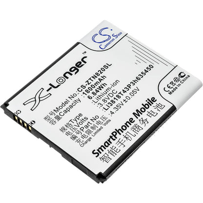3.8V, 1800mAh, Li-ion Battery fits Zte, Obsidian, Z820, 6.84Wh