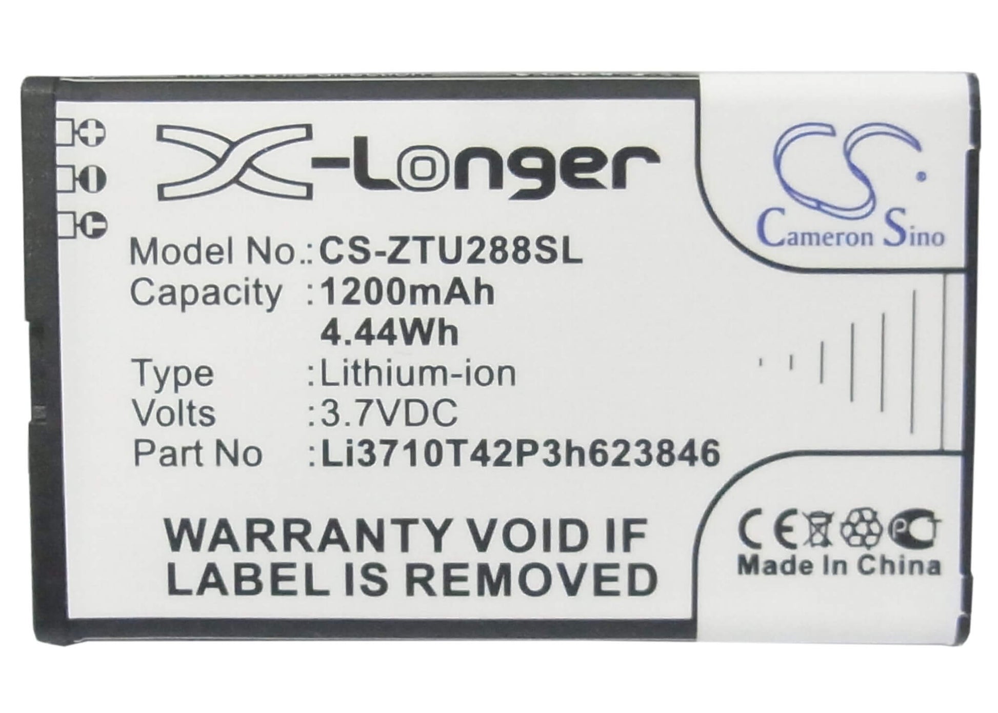 3.7V, 1200mAh, Li-ion Battery fits Zte, S207, U288, 4.44Wh
