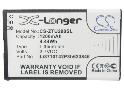 3.7V, 1200mAh, Li-ion Battery fits Zte, S207, U288, 4.44Wh