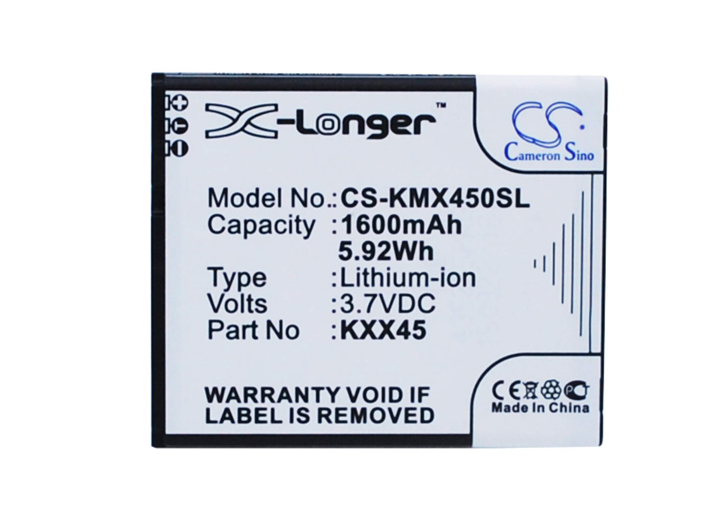 3.7V, 1600mAh, Li-ion Battery fits Kazam, Trooper 2 4.5, Trooper2 4.5, 5.92Wh