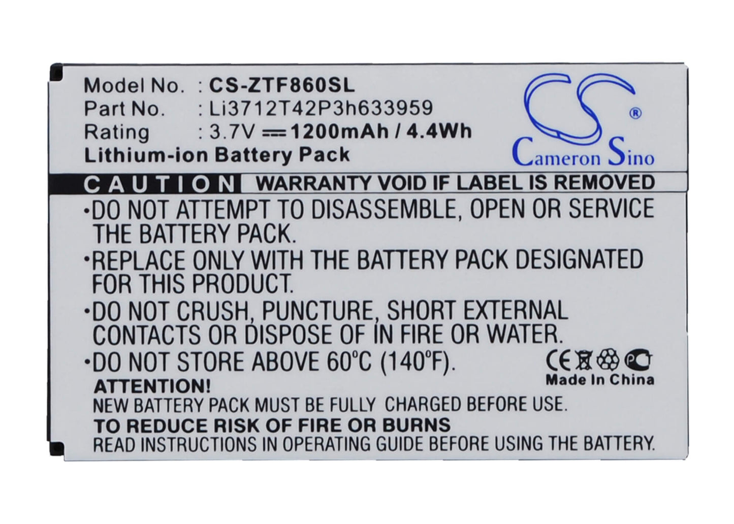 3.7V, 1200mAh, Li-ion Battery fits Zte, E700 F860 F868 F866, I909, 4.44Wh
