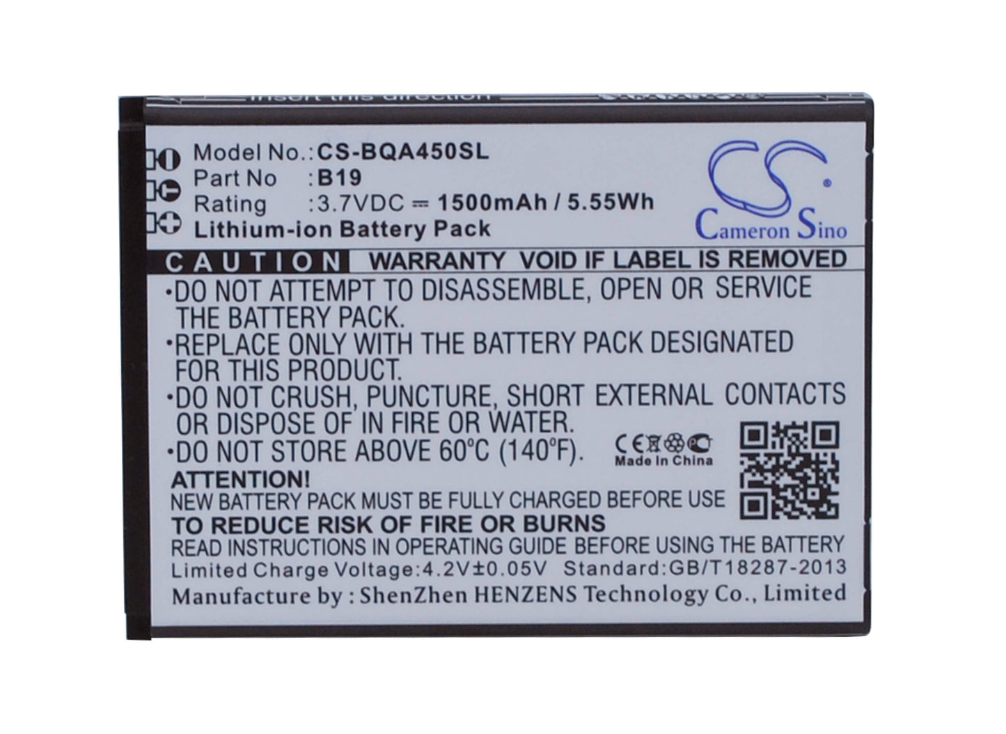 3.7V, 1500mAh, Li-ion Battery fits Bq, Aquaris 4.5, 5.55Wh