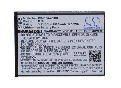 3.7V, 1500mAh, Li-ion Battery fits Bq, Aquaris 4.5, 5.55Wh