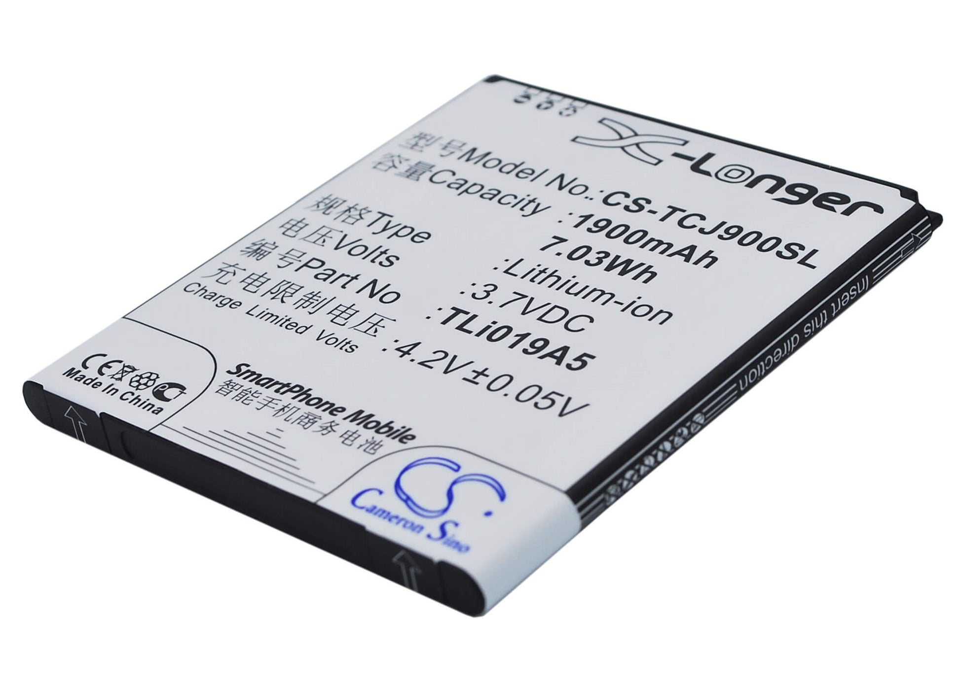 3.7V, 1900mAh, Li-ion Battery fits Tcl, J900c, J900t, 7.03Wh