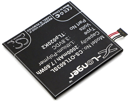 3.8V, 2000mAh, Li-Polymer Battery fits Alcatel, 6039s-2aalus7, One Touch Idol 3 4.7, 7.6Wh