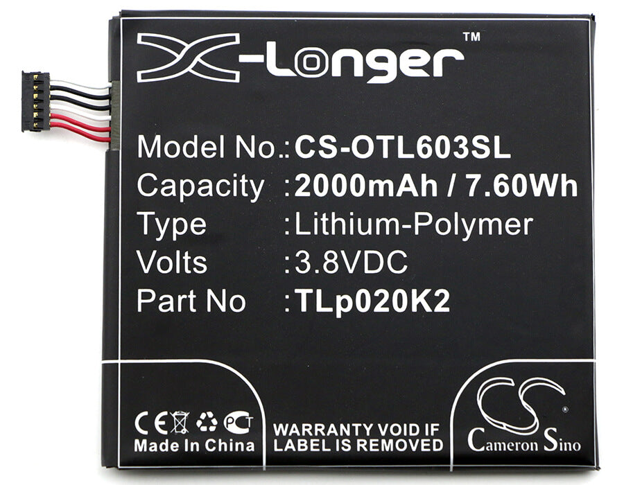 3.8V, 2000mAh, Li-Polymer Battery fits Alcatel, 6039s-2aalus7, One Touch Idol 3 4.7, 7.6Wh